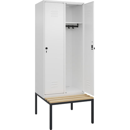 Classic PLUS bench seat clothes locker, 2 compartments, traffic white, W 800 mm, security rotary bolt, base frame, beech hardwood.