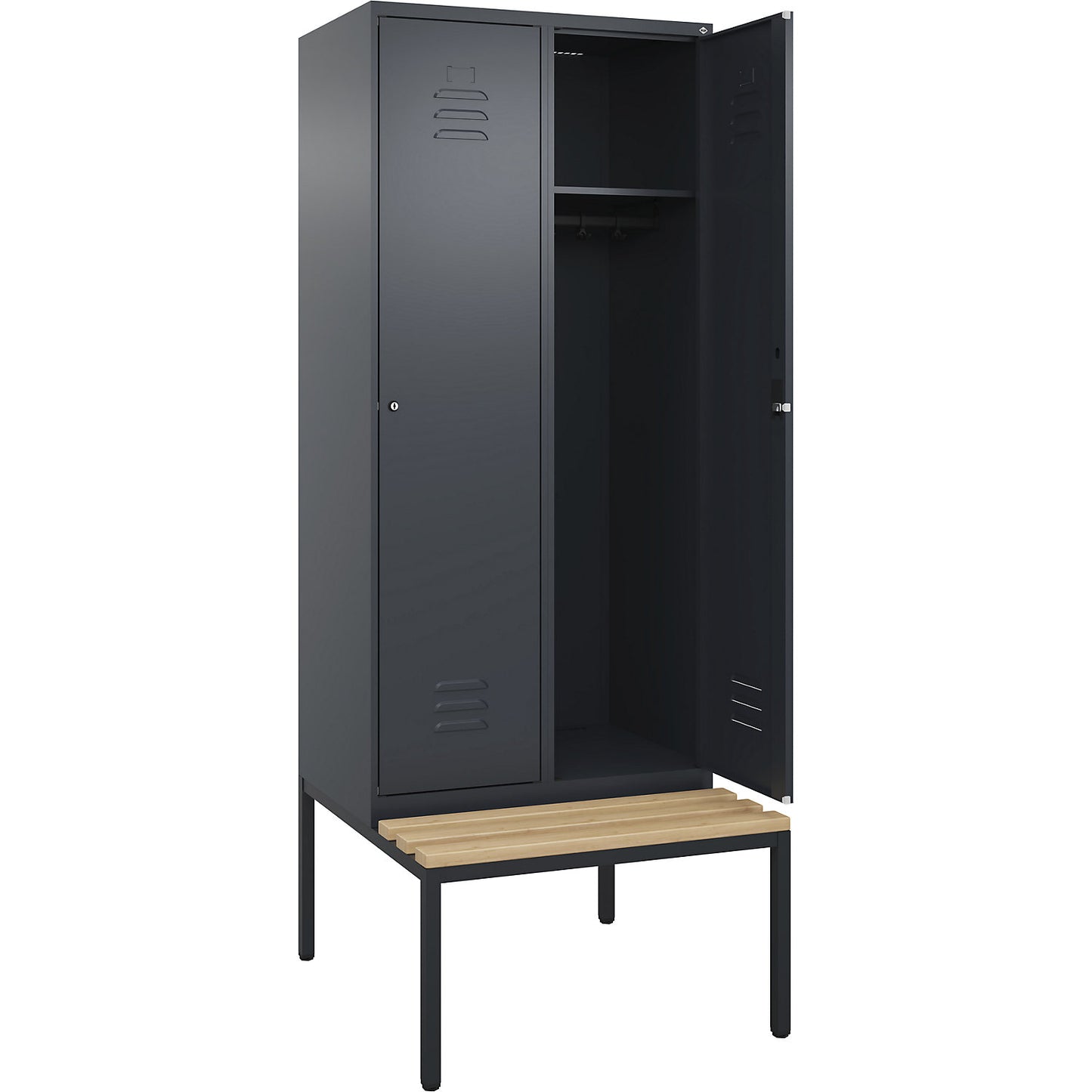 Classic PLUS bench seat clothes locker, 2 compartments, grey, W 800 mm, cylinder lock, base frame, beech hardwood.