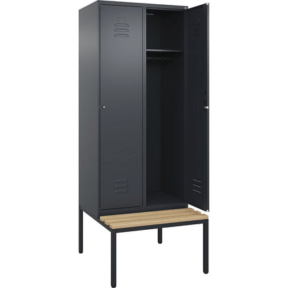 Classic PLUS bench seat clothes locker, 2 compartments, grey, W 800 mm, cylinder lock, base frame, beech hardwood.