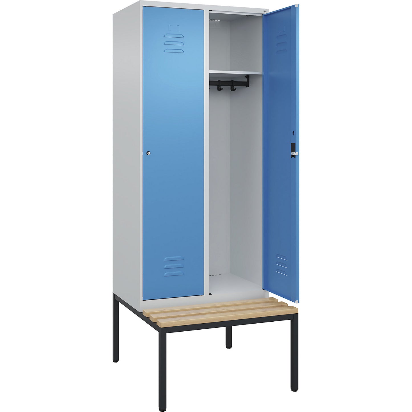 Classic PLUS bench seat clothes locker, 2 compartments, light grey/light blue, W 800 mm, cylinder lock, base frame, beech hardwood.