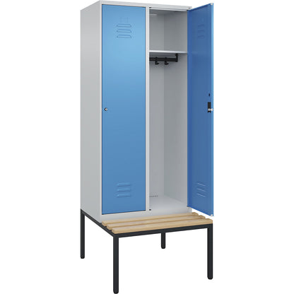 Classic PLUS bench seat clothes locker, 2 compartments, light grey/light blue, W 800 mm, cylinder lock, base frame, beech hardwood.