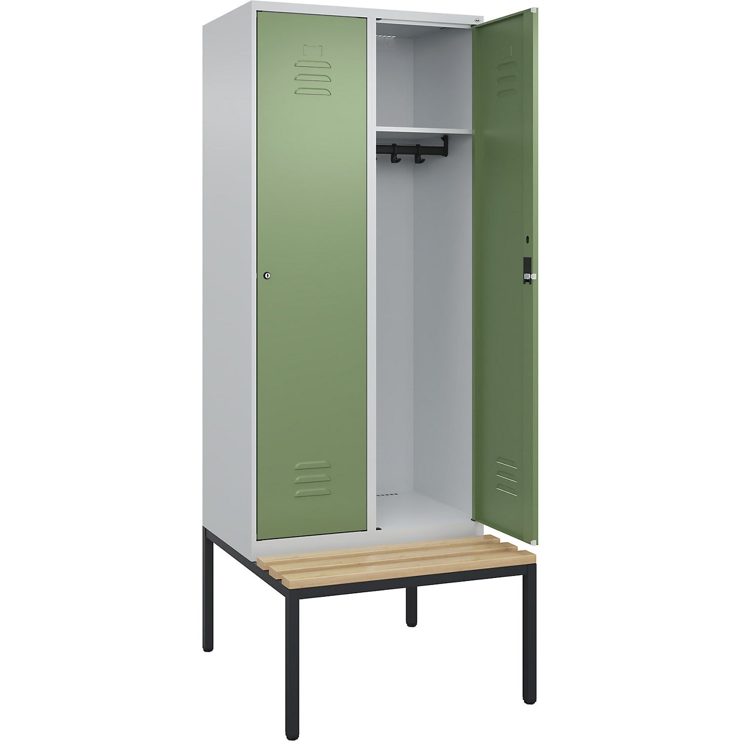 Classic PLUS bench seat clothes locker, 2 compartments, light grey/reseda green, W 800 mm, cylinder lock, base frame, beech hardwood.
