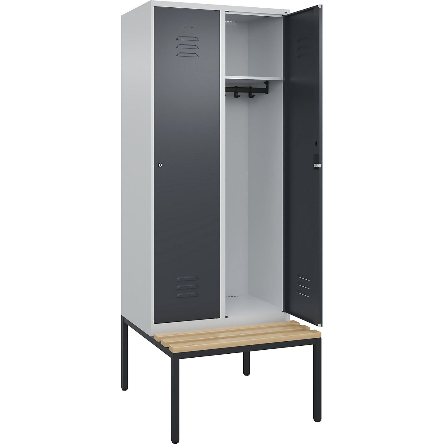 Classic PLUS bench seat clothes locker, 2 compartments, light grey/grey, W 800 mm, cylinder lock, base frame, beech hardwood.