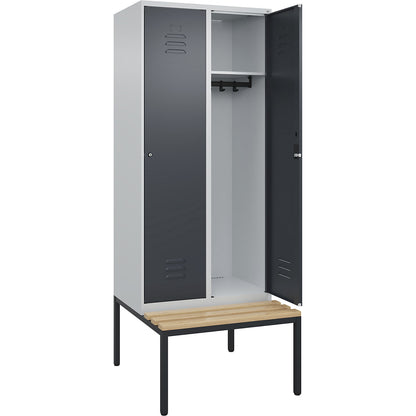Classic PLUS bench seat clothes locker, 2 compartments, light grey/grey, W 800 mm, cylinder lock, base frame, beech hardwood.