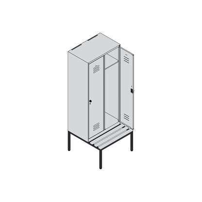 Classic PLUS bench seat clothes locker, 2 compartments, traffic white, W 800 mm, security rotary bolt, base frame, beech hardwood.