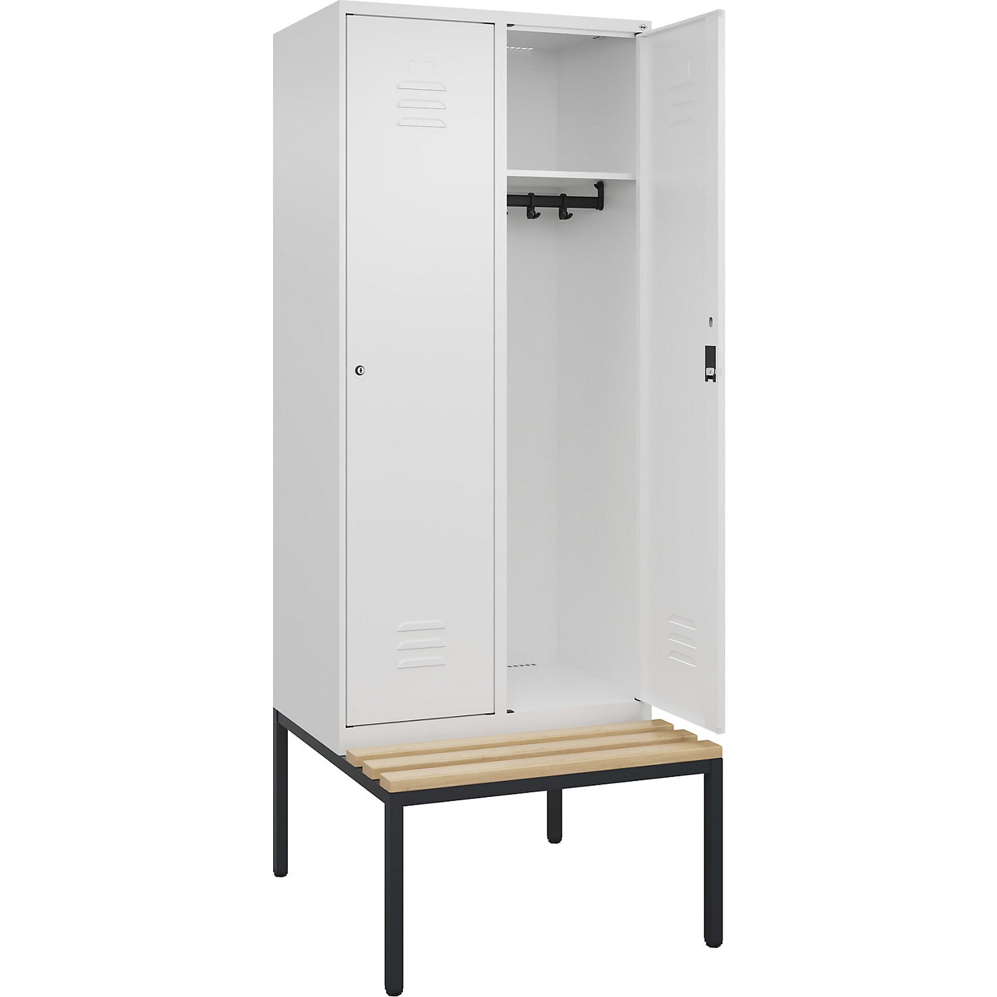 Classic PLUS bench seat clothes locker, 2 compartments, traffic white, W 800 mm, cylinder lock, base frame, beech hardwood.