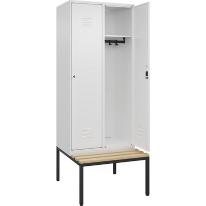Classic PLUS bench seat clothes locker, 2 compartments, traffic white, W 800 mm, cylinder lock, base frame, beech hardwood.