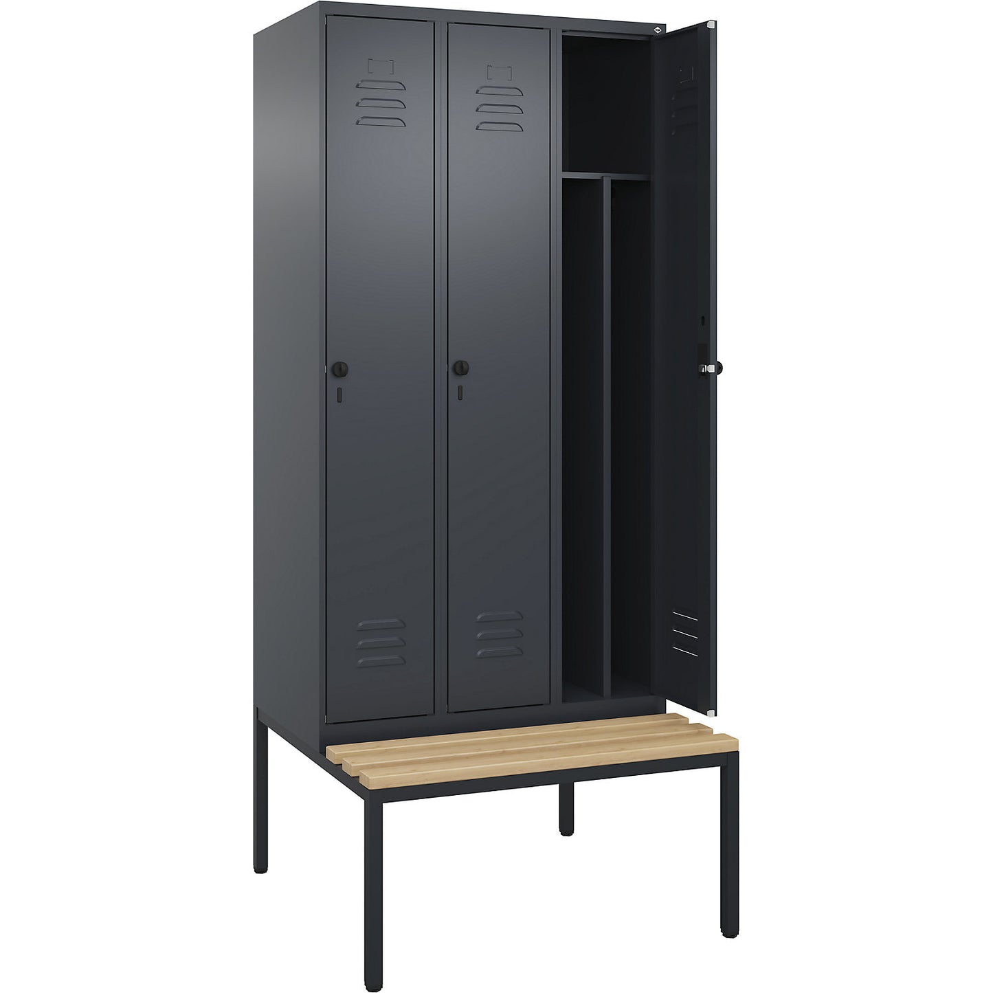 Classic PLUS clean and dirty bench seat clothes locker, narrow, 3 compartments, shortened centre divider, grey, W 900 mm, security rotary bolt, base frame, beech hardwood.