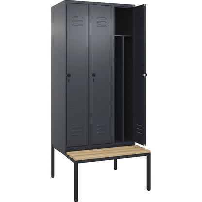 Classic PLUS clean and dirty bench seat clothes locker, narrow, 3 compartments, shortened centre divider, grey, W 900 mm, security rotary bolt, base frame, beech hardwood.