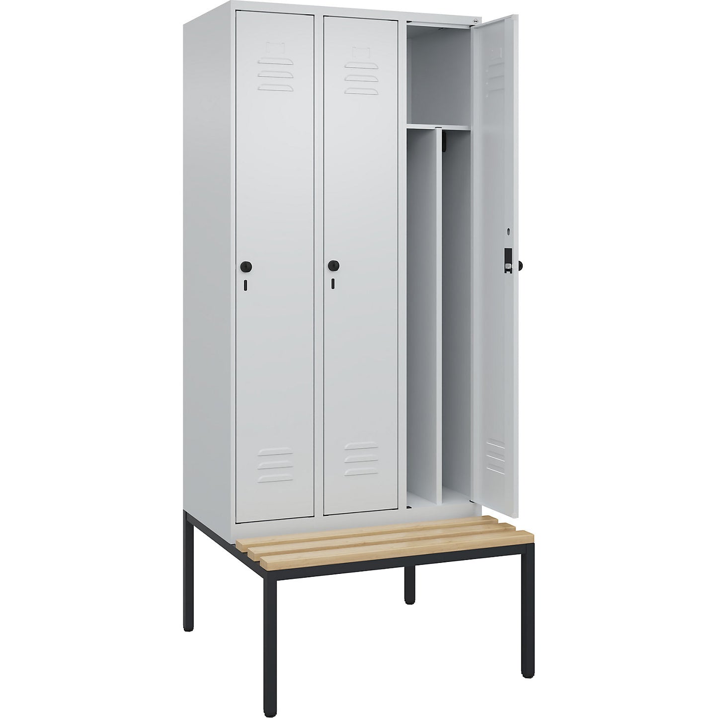 Classic PLUS clean and dirty bench seat clothes locker, narrow, 3 compartments, shortened centre divider, light grey, W 900 mm, security rotary bolt, base frame, beech hardwood.