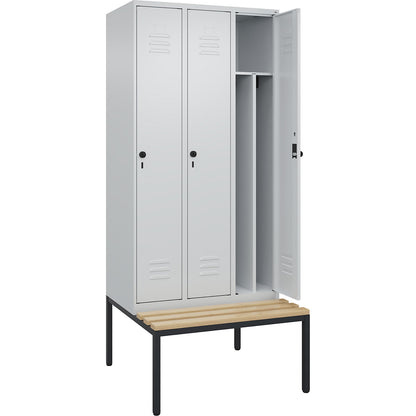 Classic PLUS clean and dirty bench seat clothes locker, narrow, 3 compartments, shortened centre divider, light grey, W 900 mm, security rotary bolt, base frame, beech hardwood.