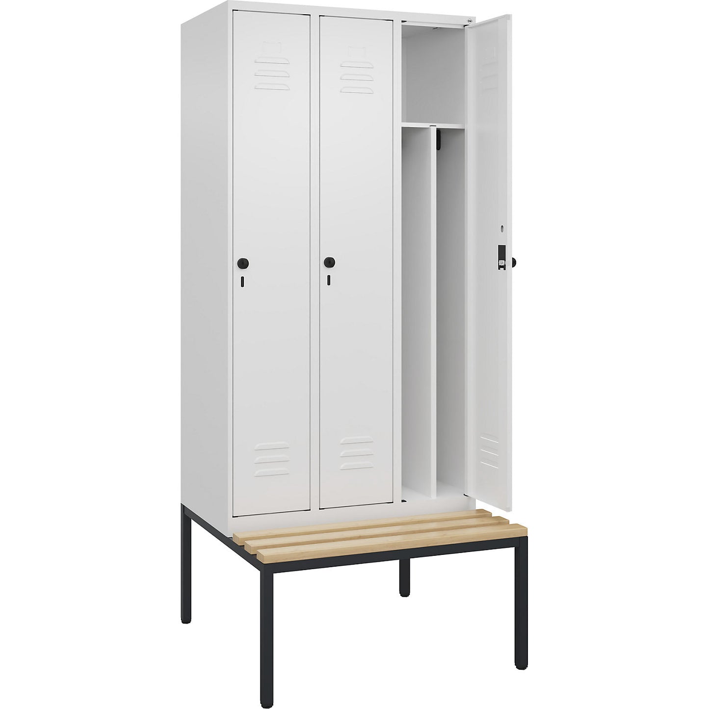 Classic PLUS clean and dirty bench seat clothes locker, narrow, 3 compartments, shortened centre divider, traffic white, W 900 mm, security rotary bolt, base frame, beech hardwood.