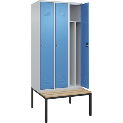 Classic PLUS clean and dirty bench seat clothes locker, narrow, 3 compartments, shortened centre divider, light grey/light blue, W 900 mm, cylinder lock, base frame, beech hardwood.