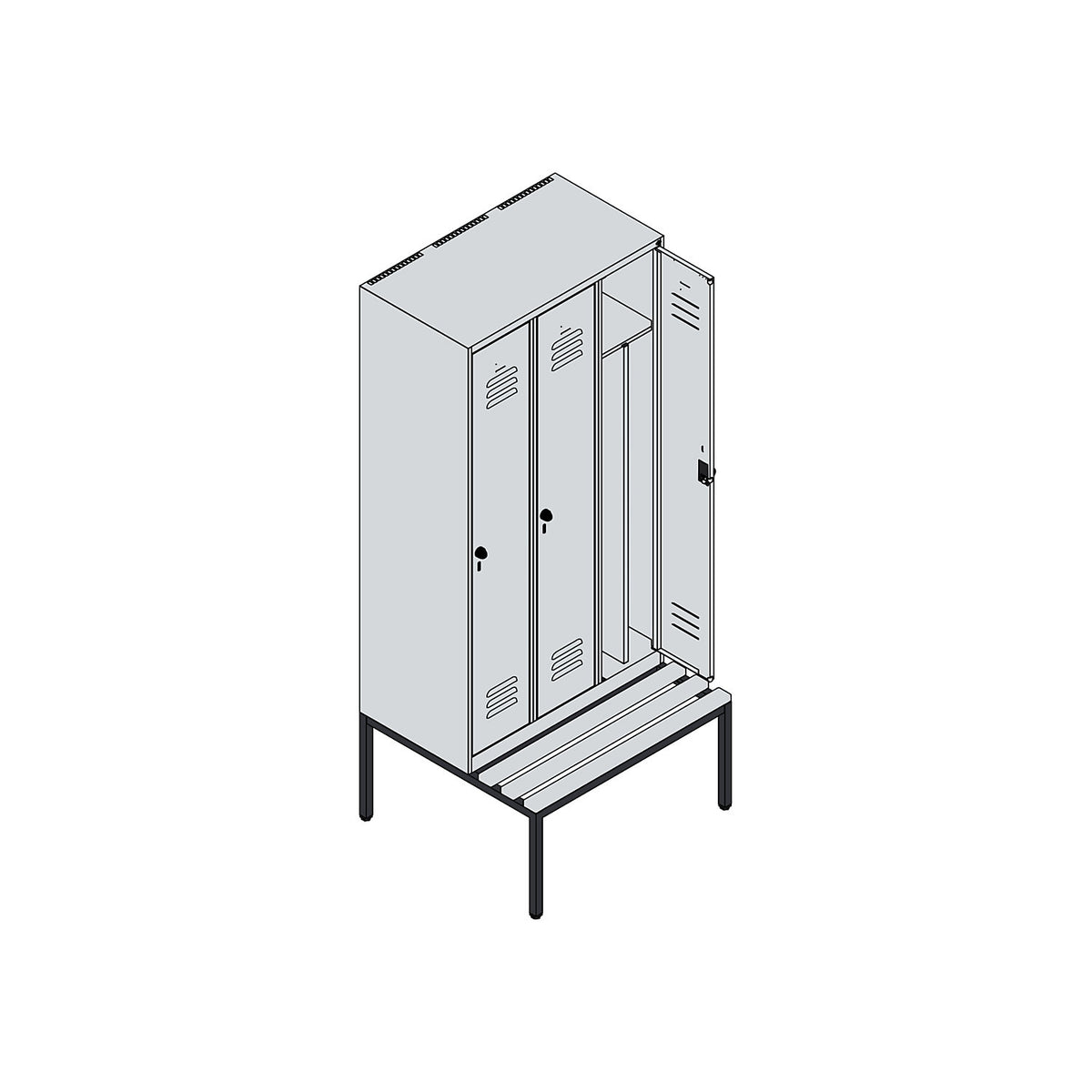 Classic PLUS clean and dirty bench seat clothes locker, narrow, 3 compartments, shortened centre divider, light grey/reseda green, W 900 mm, security rotary bolt, base frame, beech hardwood.