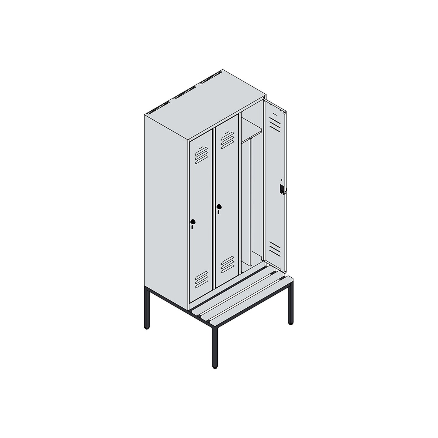 Classic PLUS clean and dirty bench seat clothes locker, narrow, 3 compartments, shortened centre divider, traffic white, W 900 mm, security rotary bolt, base frame, beech hardwood.