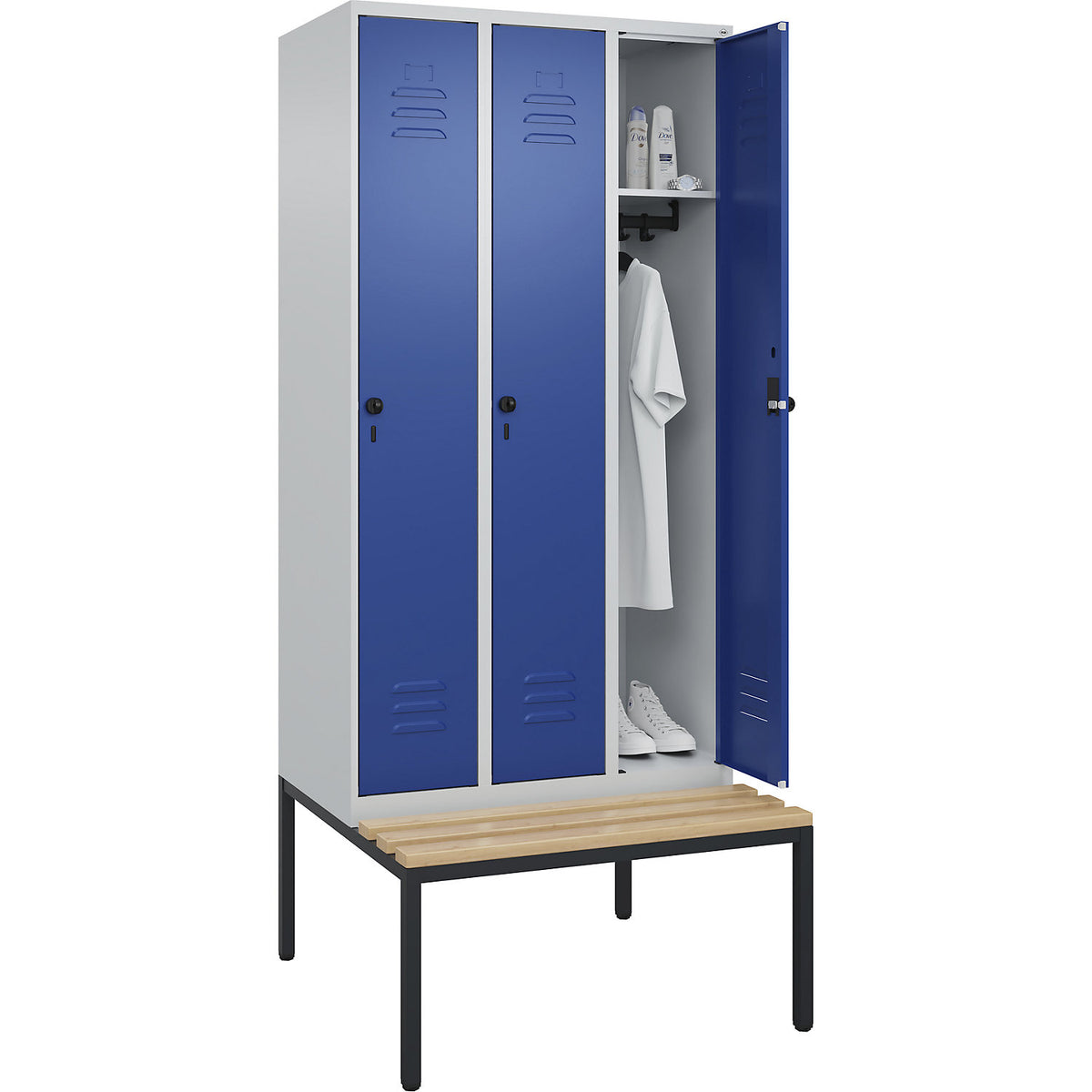 Classic PLUS bench seat clothes locker, 3 compartments, light grey/gentian blue, W 900 mm, security rotary bolt, base frame, beech hardwood.