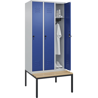 Classic PLUS bench seat clothes locker, 3 compartments, light grey/gentian blue, W 900 mm, security rotary bolt, base frame, beech hardwood.