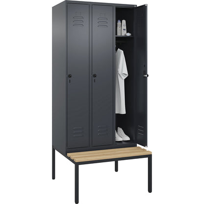 Classic PLUS bench seat clothes locker, 3 compartments, grey, W 900 mm, security rotary bolt, base frame, beech hardwood.