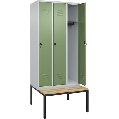 Classic PLUS bench seat clothes locker, 3 compartments, light grey/reseda green, W 900 mm, security rotary bolt, base frame, beech hardwood.
