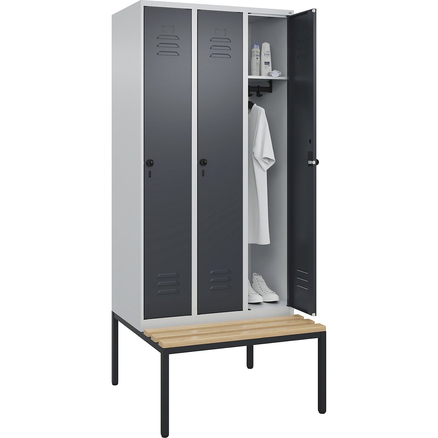 Classic PLUS bench seat clothes locker, 3 compartments, light grey/grey, W 900 mm, security rotary bolt, base frame, beech hardwood.