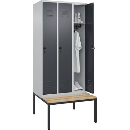 Classic PLUS bench seat clothes locker, 3 compartments, light grey/grey, W 900 mm, security rotary bolt, base frame, beech hardwood.
