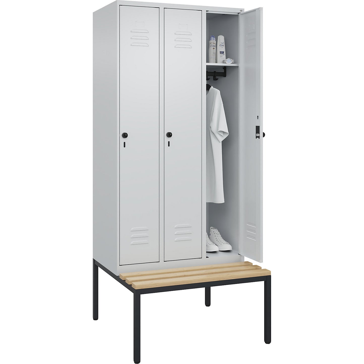 Classic PLUS bench seat clothes locker, 3 compartments, light grey, W 900 mm, security rotary bolt, base frame, beech hardwood.