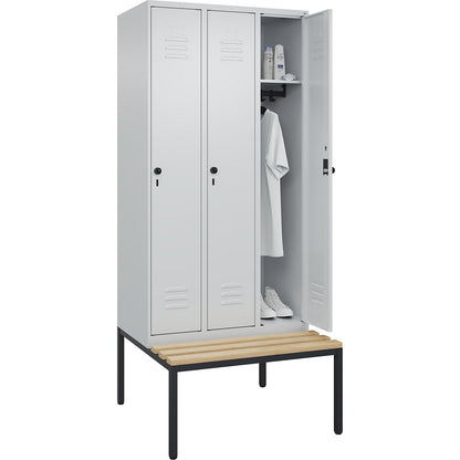 Classic PLUS bench seat clothes locker, 3 compartments, light grey, W 900 mm, security rotary bolt, base frame, beech hardwood.
