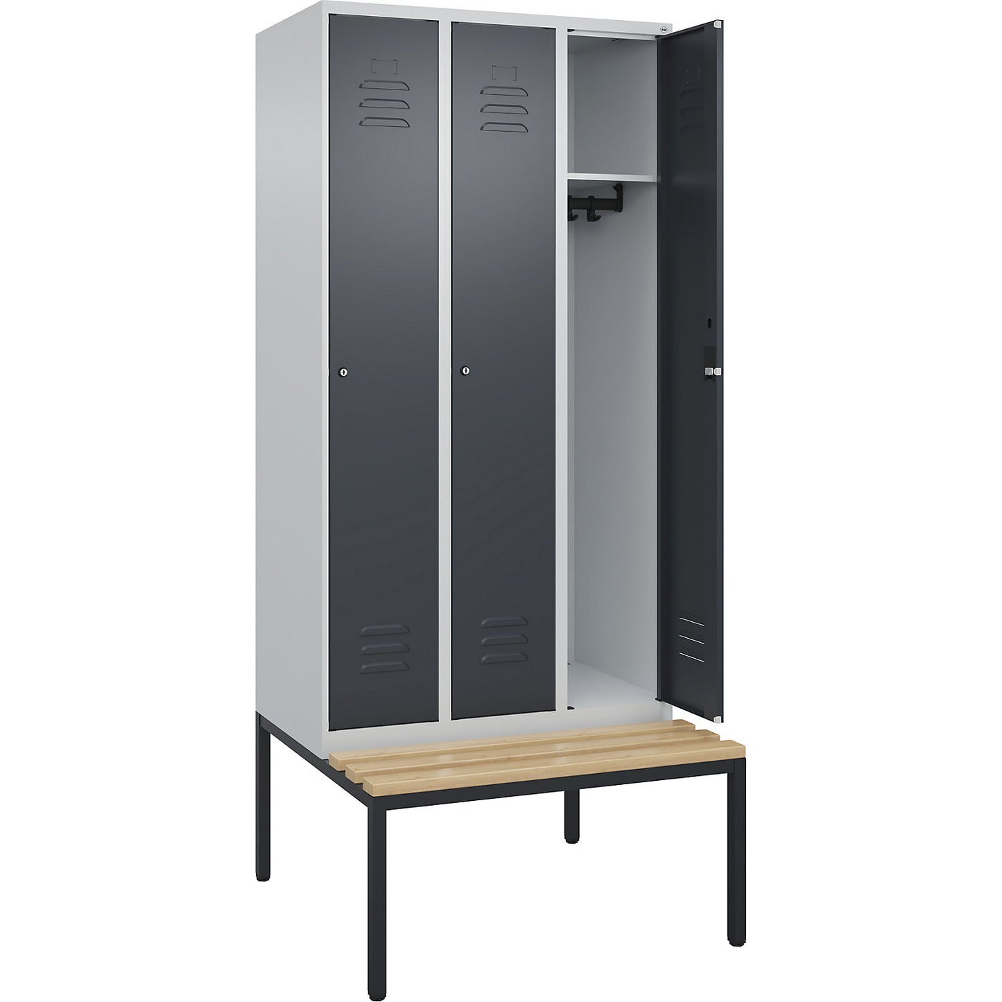 Classic PLUS bench seat clothes locker, 3 compartments, light grey/grey, W 900 mm, cylinder lock, base frame, beech hardwood.