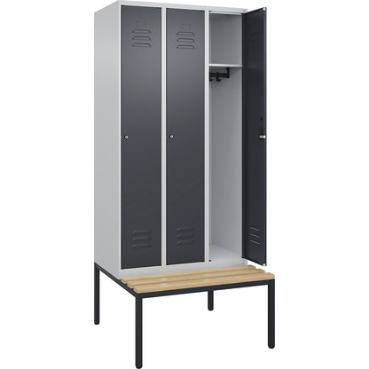 Classic PLUS bench seat clothes locker, 3 compartments, light grey/grey, W 900 mm, cylinder lock, base frame, beech hardwood.