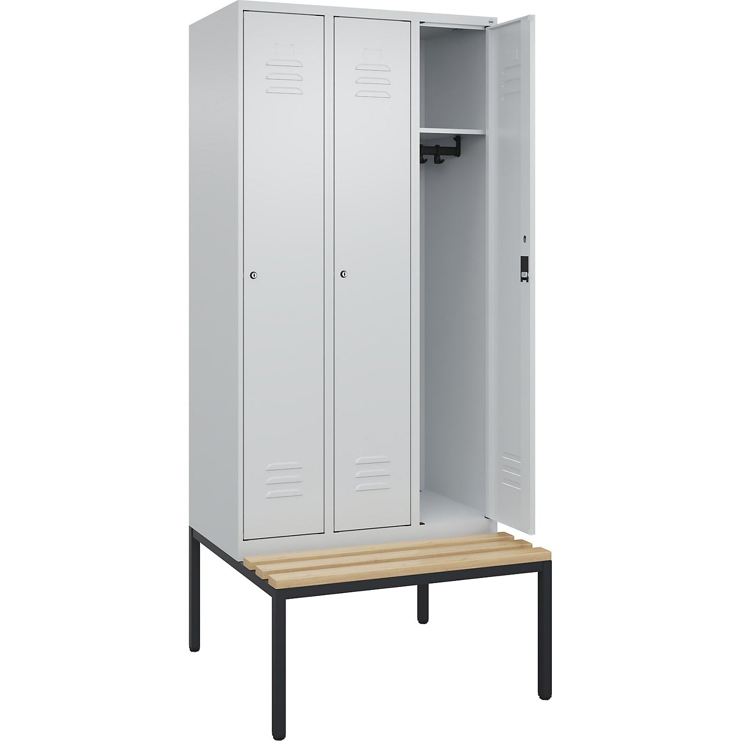 Classic PLUS bench seat clothes locker, 3 compartments, light grey, W 900 mm, cylinder lock, base frame, beech hardwood.