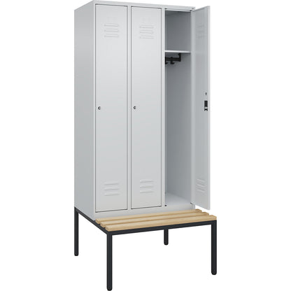 Classic PLUS bench seat clothes locker, 3 compartments, light grey, W 900 mm, cylinder lock, base frame, beech hardwood.