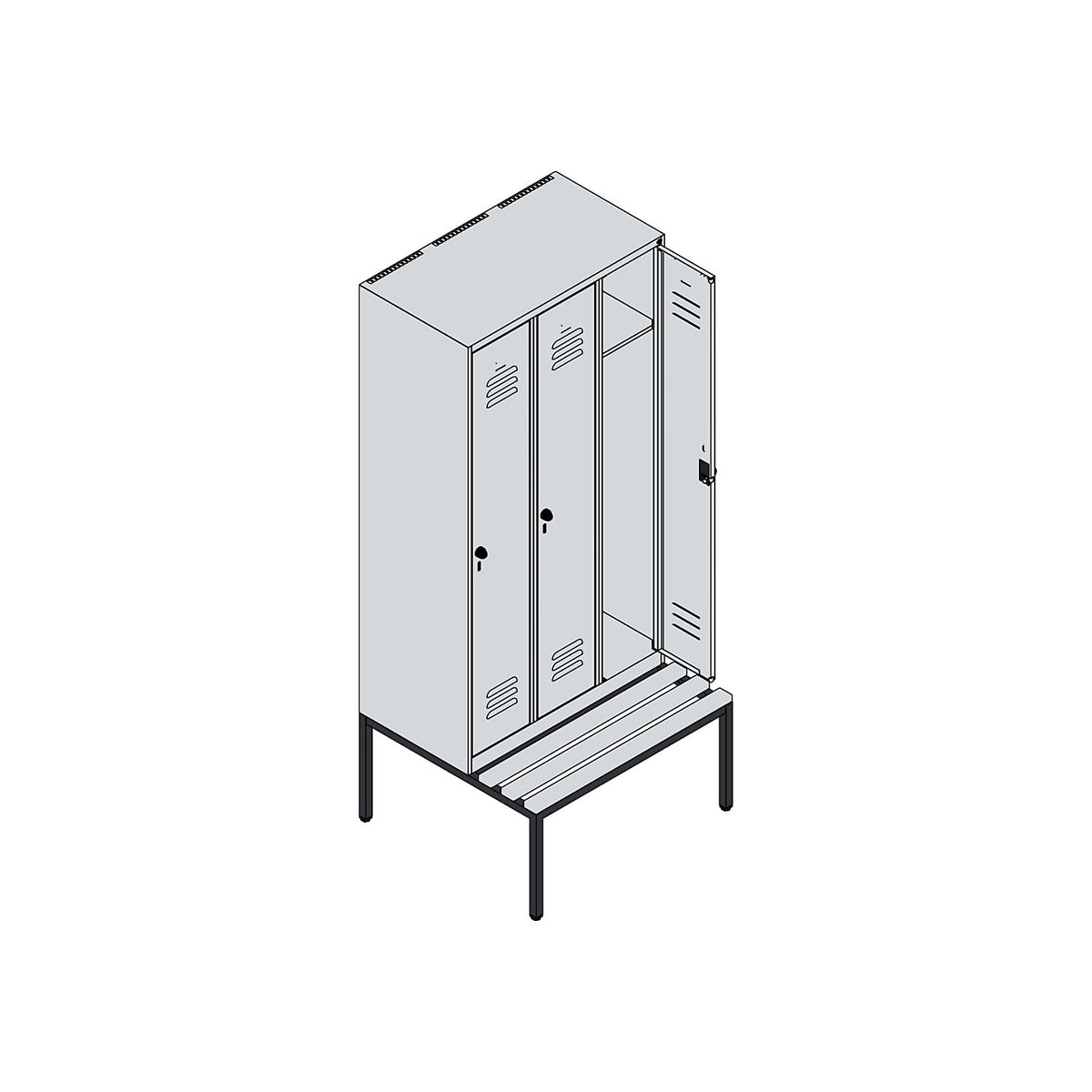 Classic PLUS bench seat clothes locker, 3 compartments, light grey/reseda green, W 900 mm, security rotary bolt, base frame, beech hardwood.