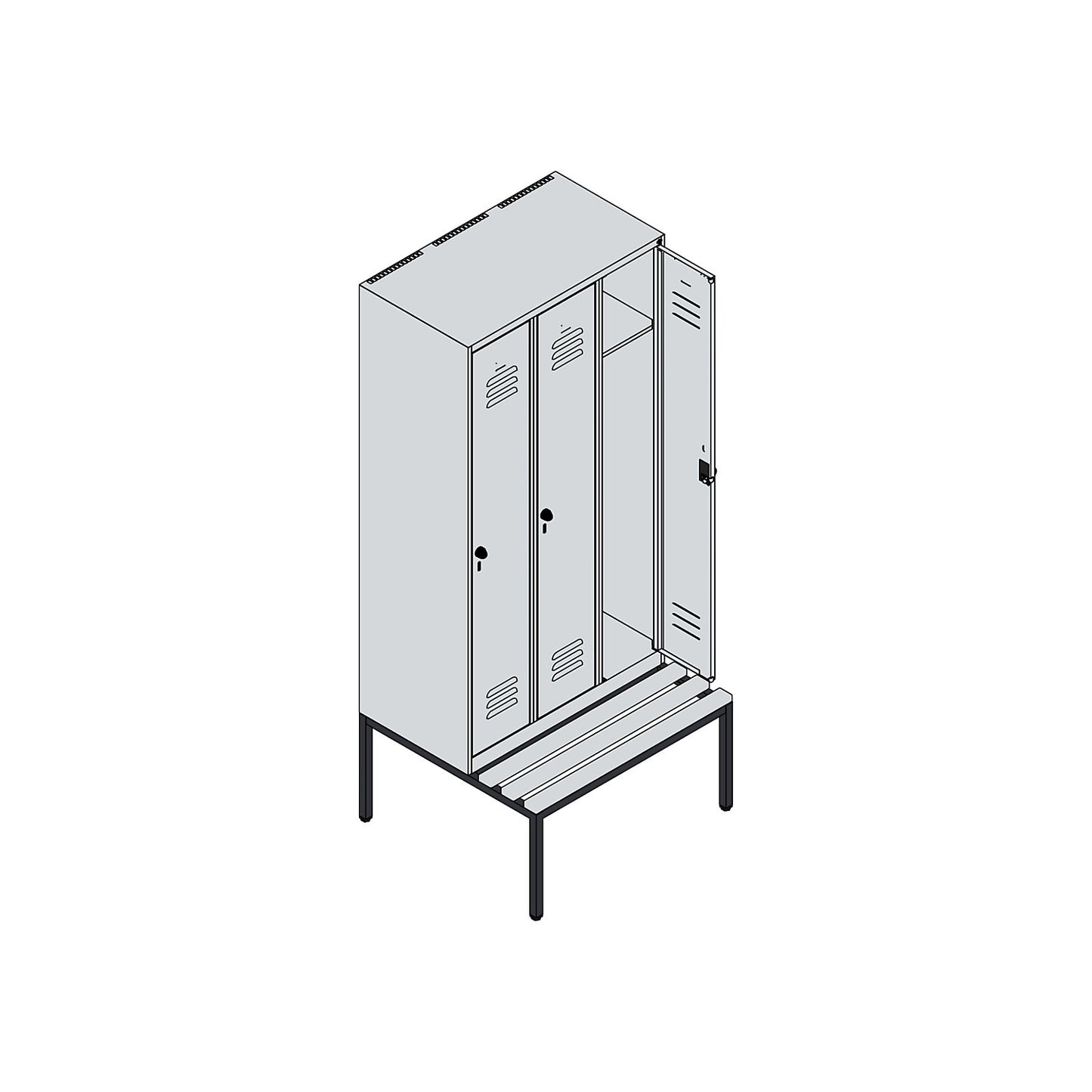 Classic PLUS bench seat clothes locker, 3 compartments, light grey, W 900 mm, security rotary bolt, base frame, beech hardwood.