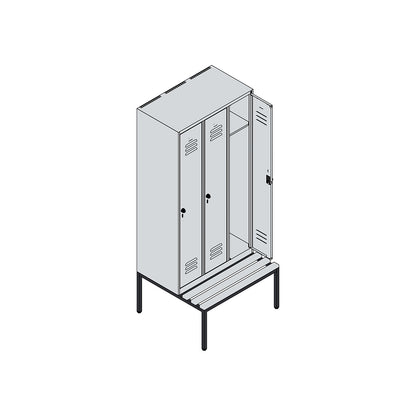 Classic PLUS bench seat clothes locker, 3 compartments, light grey, W 900 mm, security rotary bolt, base frame, beech hardwood.