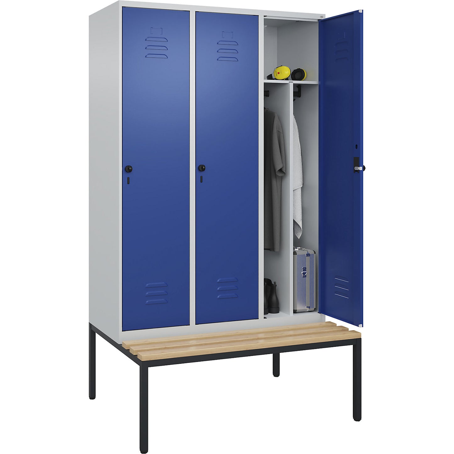 Classic PLUS clean and dirty bench seat clothes locker, narrow, 3 compartments, shortened centre divider, light grey/gentian blue, W 1200 mm, security rotary bolt, base frame, beech hardwood.