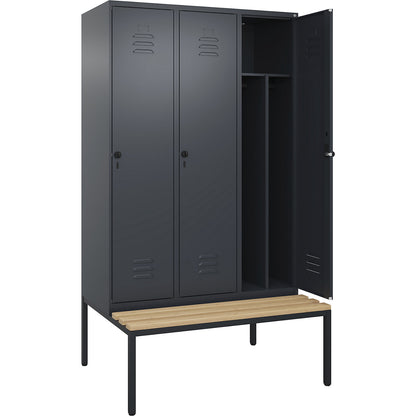 Classic PLUS clean and dirty bench seat clothes locker, narrow, 3 compartments, shortened centre divider, grey, W 1200 mm, security rotary bolt, base frame, beech hardwood.