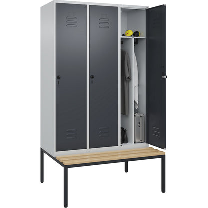 Classic PLUS clean and dirty bench seat clothes locker, narrow, 3 compartments, shortened centre divider, light grey/grey, W 1200 mm, security rotary bolt, base frame, beech hardwood.