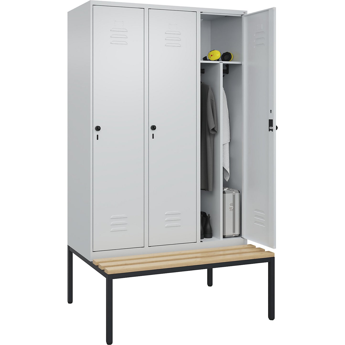 Classic PLUS clean and dirty bench seat clothes locker, narrow, 3 compartments, shortened centre divider, light grey, W 1200 mm, security rotary bolt, base frame, beech hardwood.