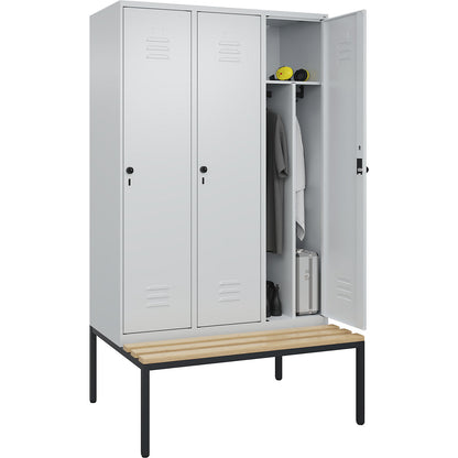 Classic PLUS clean and dirty bench seat clothes locker, narrow, 3 compartments, shortened centre divider, light grey, W 1200 mm, security rotary bolt, base frame, beech hardwood.