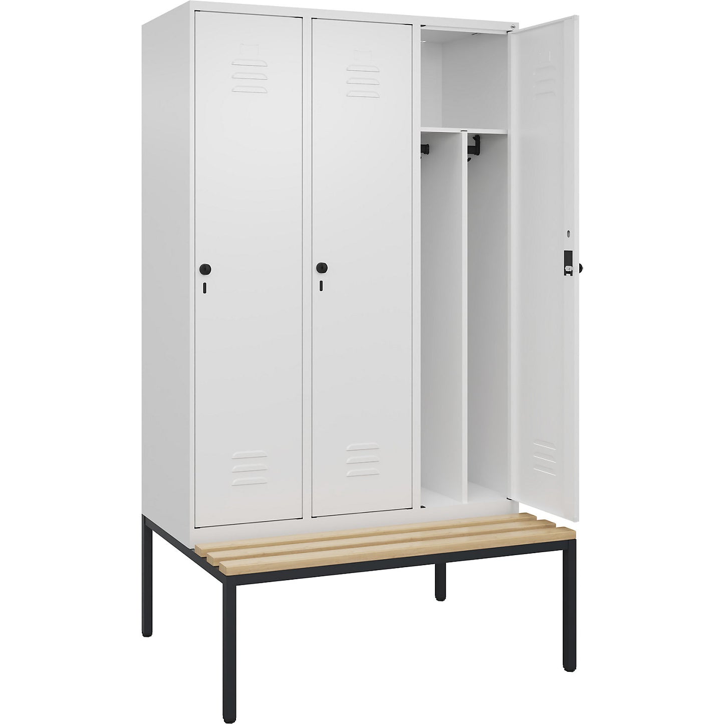 Classic PLUS clean and dirty bench seat clothes locker, narrow, 3 compartments, shortened centre divider, traffic white, W 1200 mm, security rotary bolt, base frame, beech hardwood.