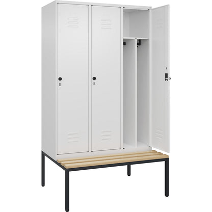 Classic PLUS clean and dirty bench seat clothes locker, narrow, 3 compartments, shortened centre divider, traffic white, W 1200 mm, security rotary bolt, base frame, beech hardwood.