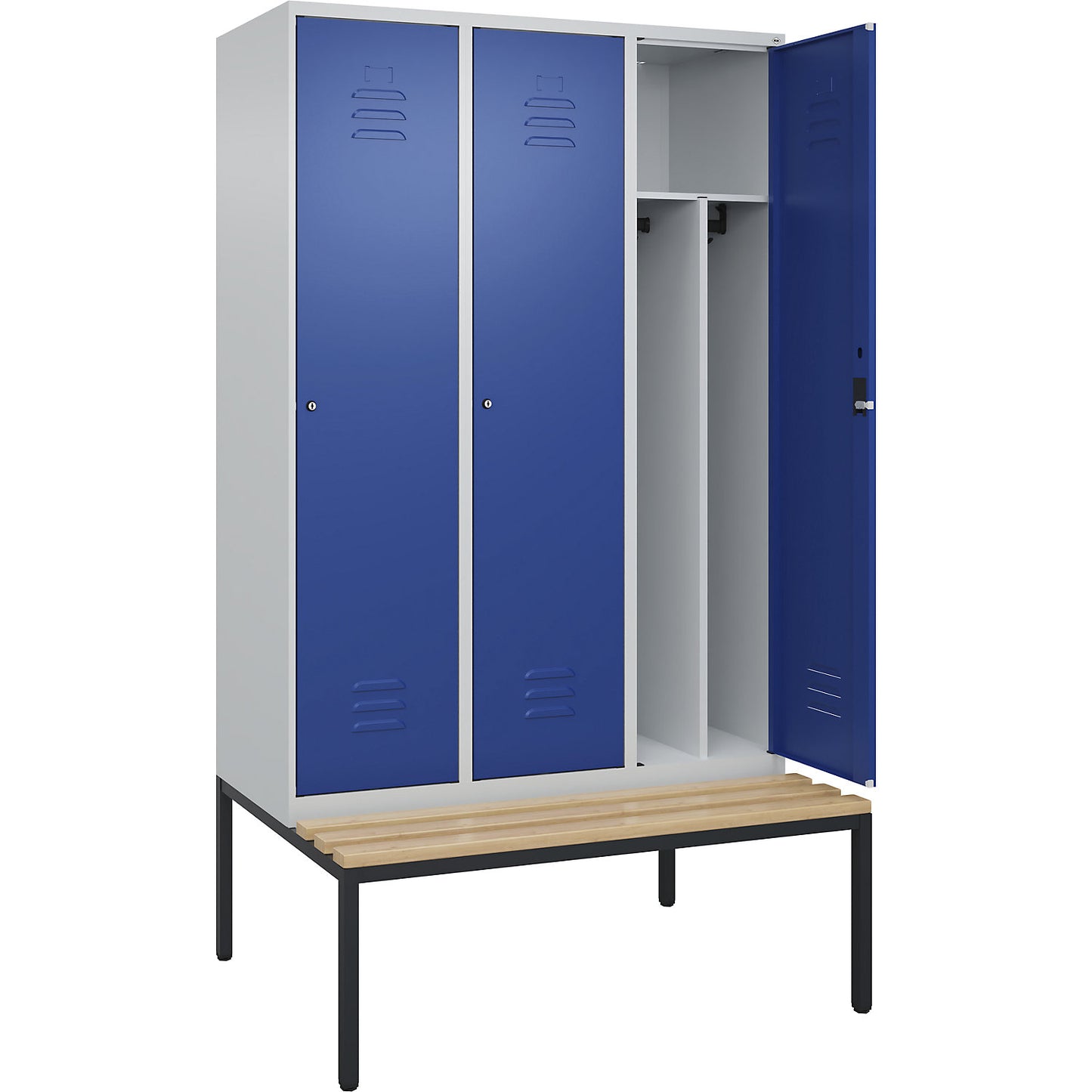 Classic PLUS clean and dirty bench seat clothes locker, narrow, 3 compartments, shortened centre divider, light grey/gentian blue, W 1200 mm, cylinder lock, base frame, beech hardwood.