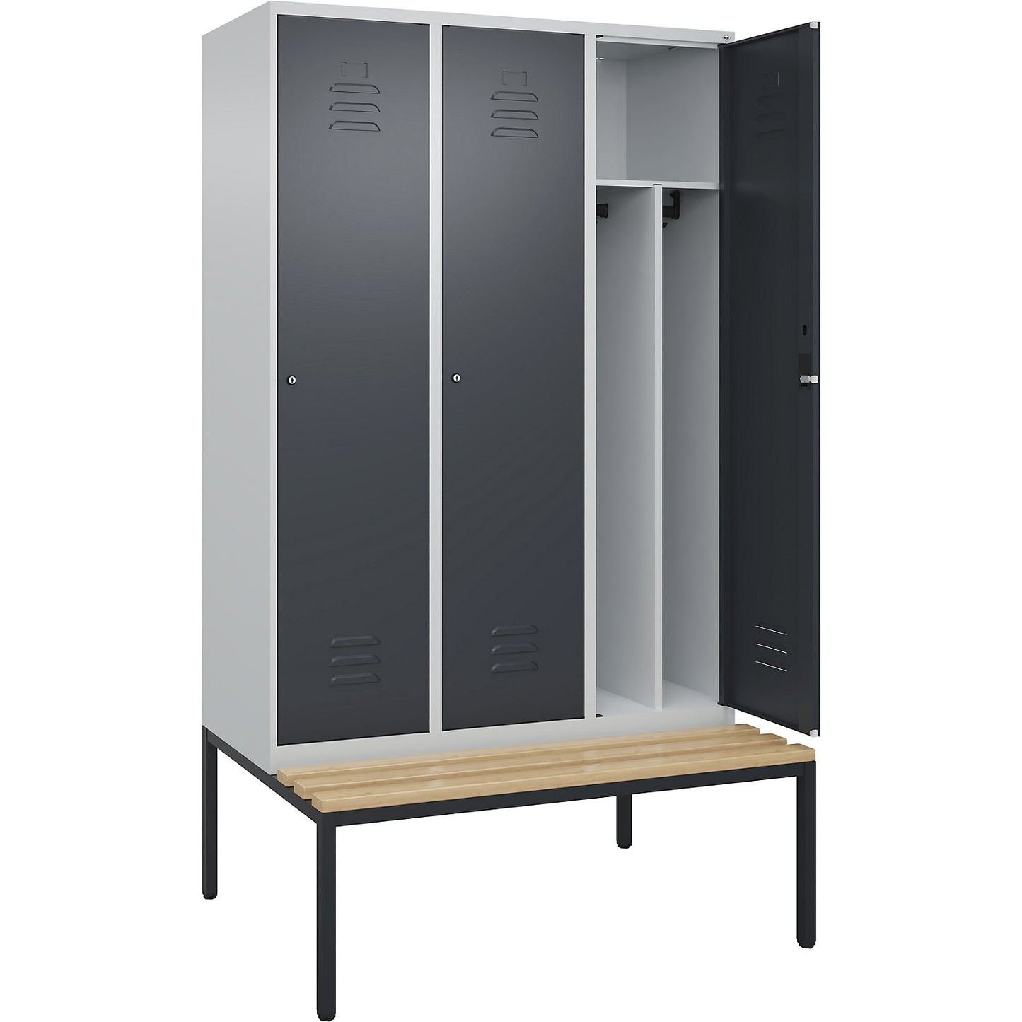 Classic PLUS clean and dirty bench seat clothes locker, narrow, 3 compartments, shortened centre divider, light grey/grey, W 1200 mm, cylinder lock, base frame, beech hardwood.