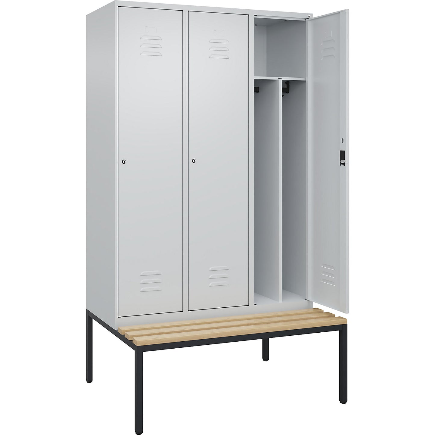 Classic PLUS clean and dirty bench seat clothes locker, narrow, 3 compartments, shortened centre divider, light grey, W 1200 mm, cylinder lock, base frame, beech hardwood.