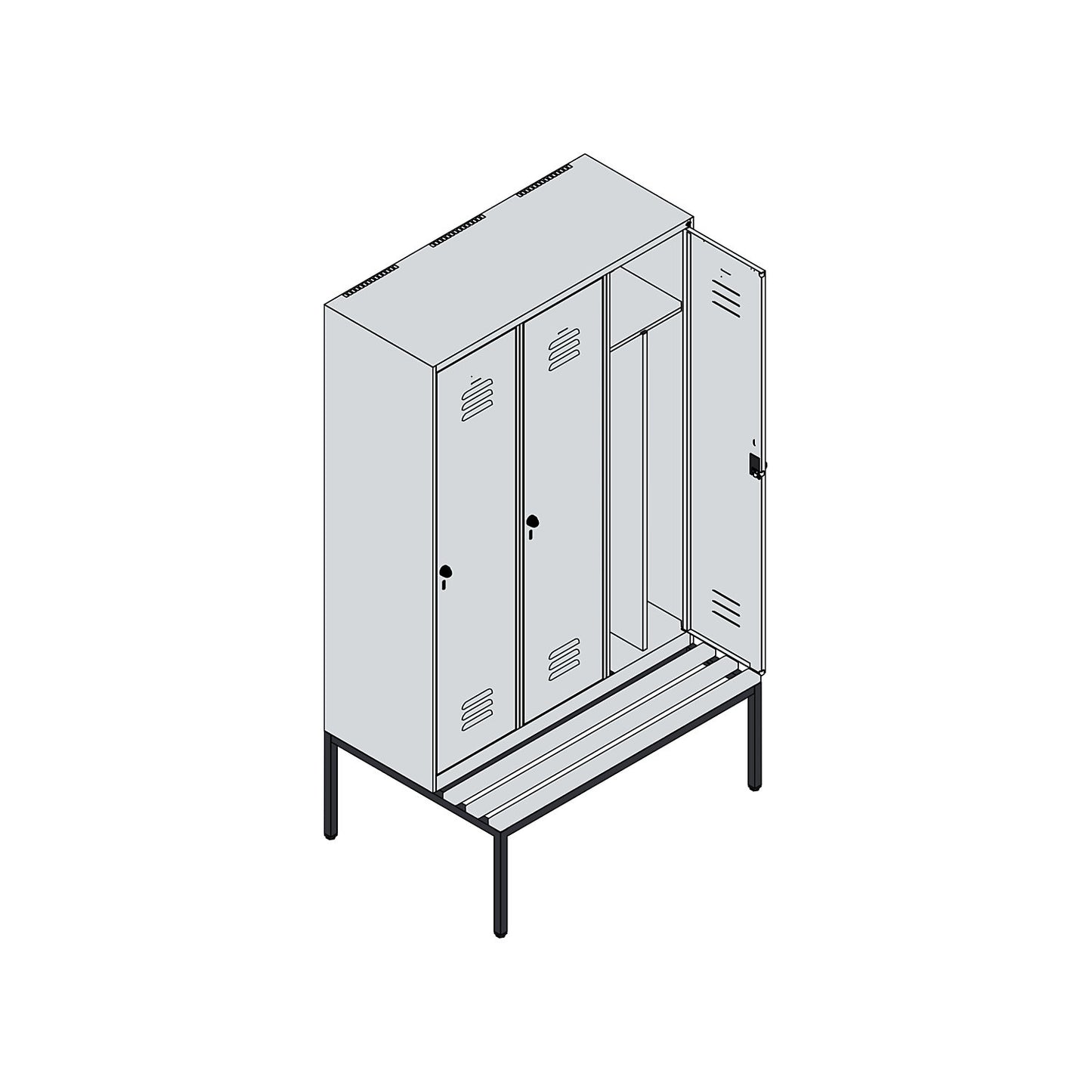 Classic PLUS clean and dirty bench seat clothes locker, narrow, 3 compartments, shortened centre divider, light grey/gentian blue, W 1200 mm, security rotary bolt, base frame, beech hardwood.