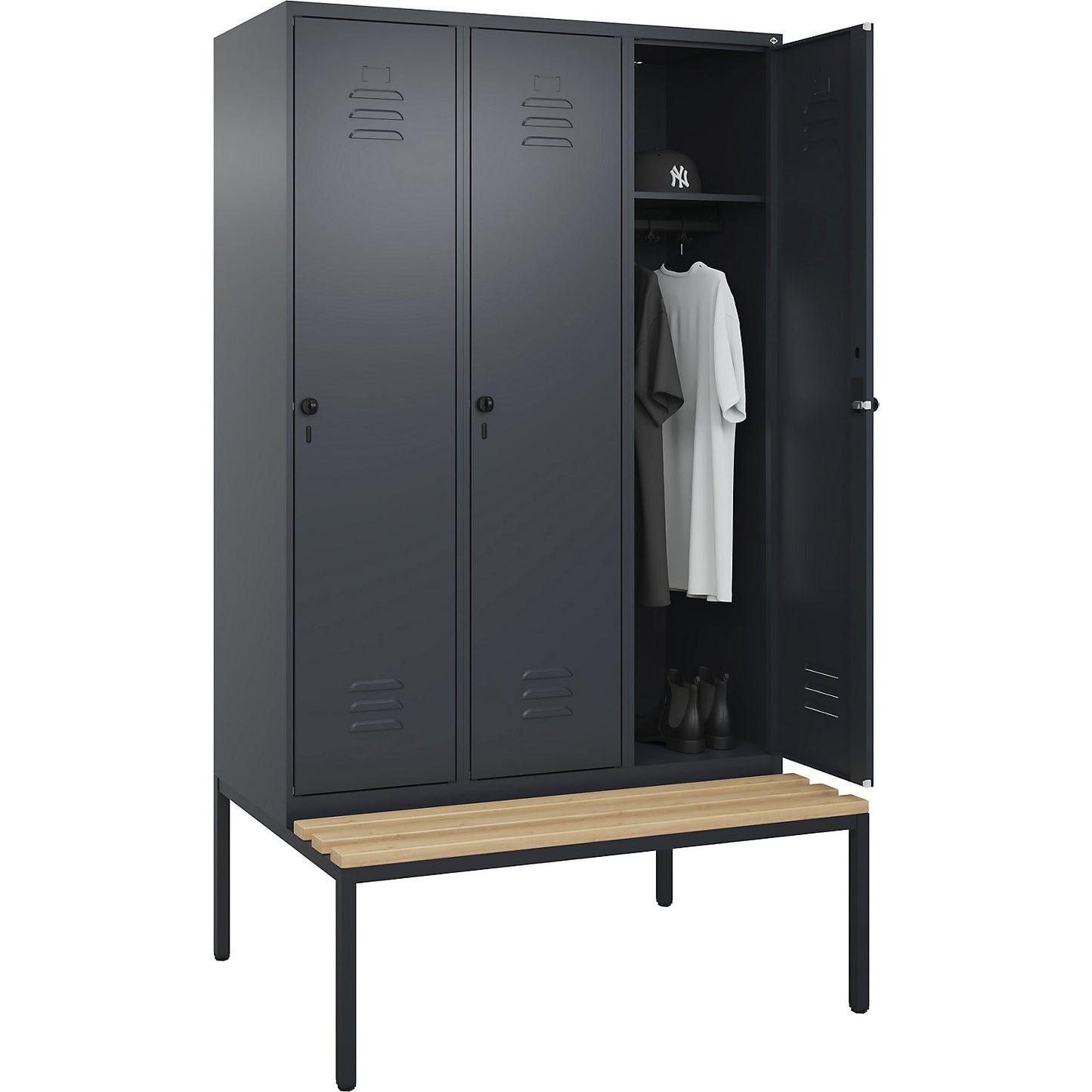 Classic PLUS bench seat clothes locker, 3 compartments, grey, W 1200 mm, security rotary bolt, base frame, beech hardwood.