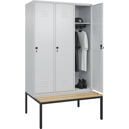 Classic PLUS bench seat clothes locker, 3 compartments, light grey, W 1200 mm, security rotary bolt, base frame, beech hardwood.