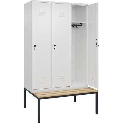 Classic PLUS bench seat clothes locker, 3 compartments, traffic white, W 1200 mm, security rotary bolt, base frame, beech hardwood.