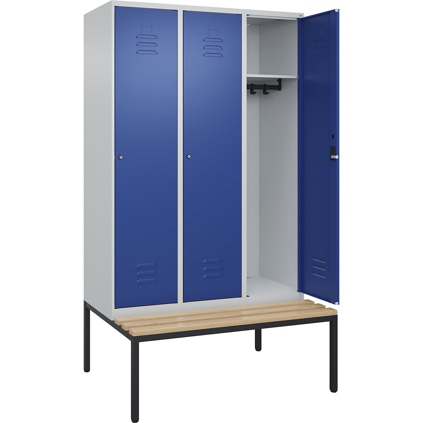 Classic PLUS bench seat clothes locker, 3 compartments, light grey/gentian blue, W 1200 mm, cylinder lock, base frame, beech hardwood.
