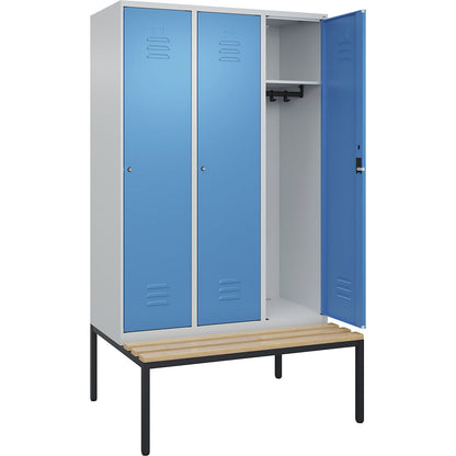 Classic PLUS bench seat clothes locker, 3 compartments, light grey/light blue, W 1200 mm, cylinder lock, base frame, beech hardwood.